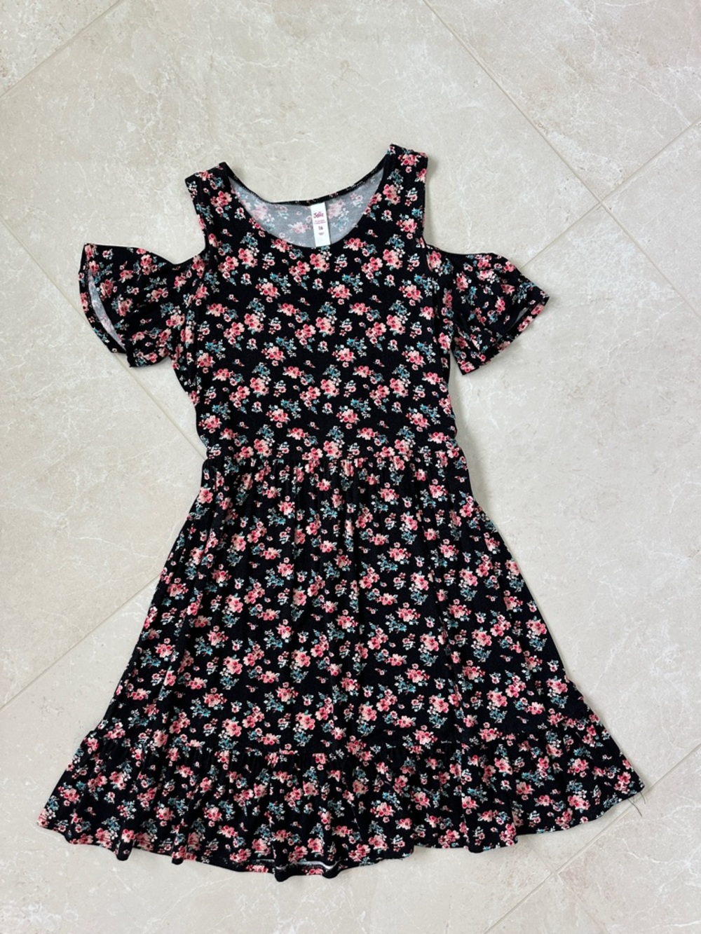Justice Black Floral Cold-Shoulder Dress with Pink Flowers